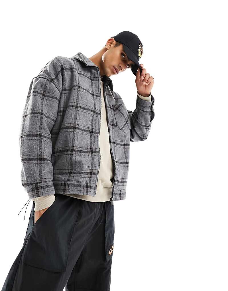 

ASOS DESIGN – Серая куртка Харрингтон в клетку оверсайз