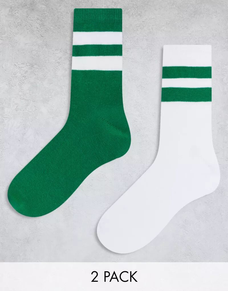 Комплект из двух зеленых спортивных носков с яркими полосками ASOS
