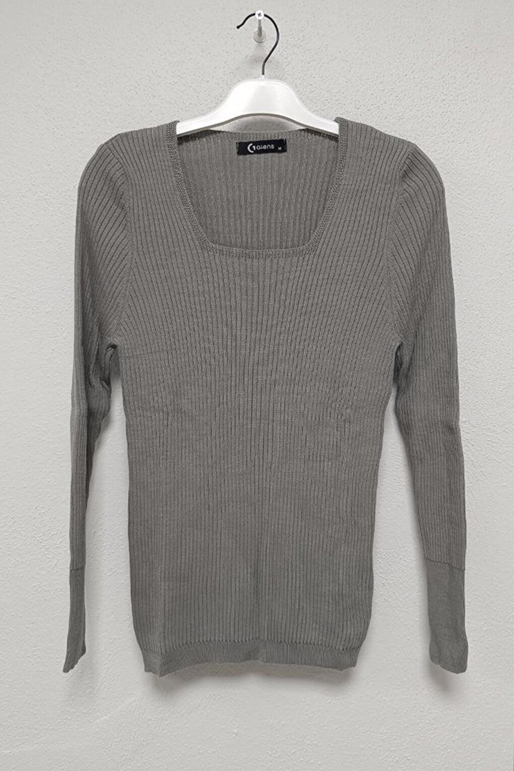 Женский серый вязаный свитер в рубчик с квадратным вырезом Z Giyim