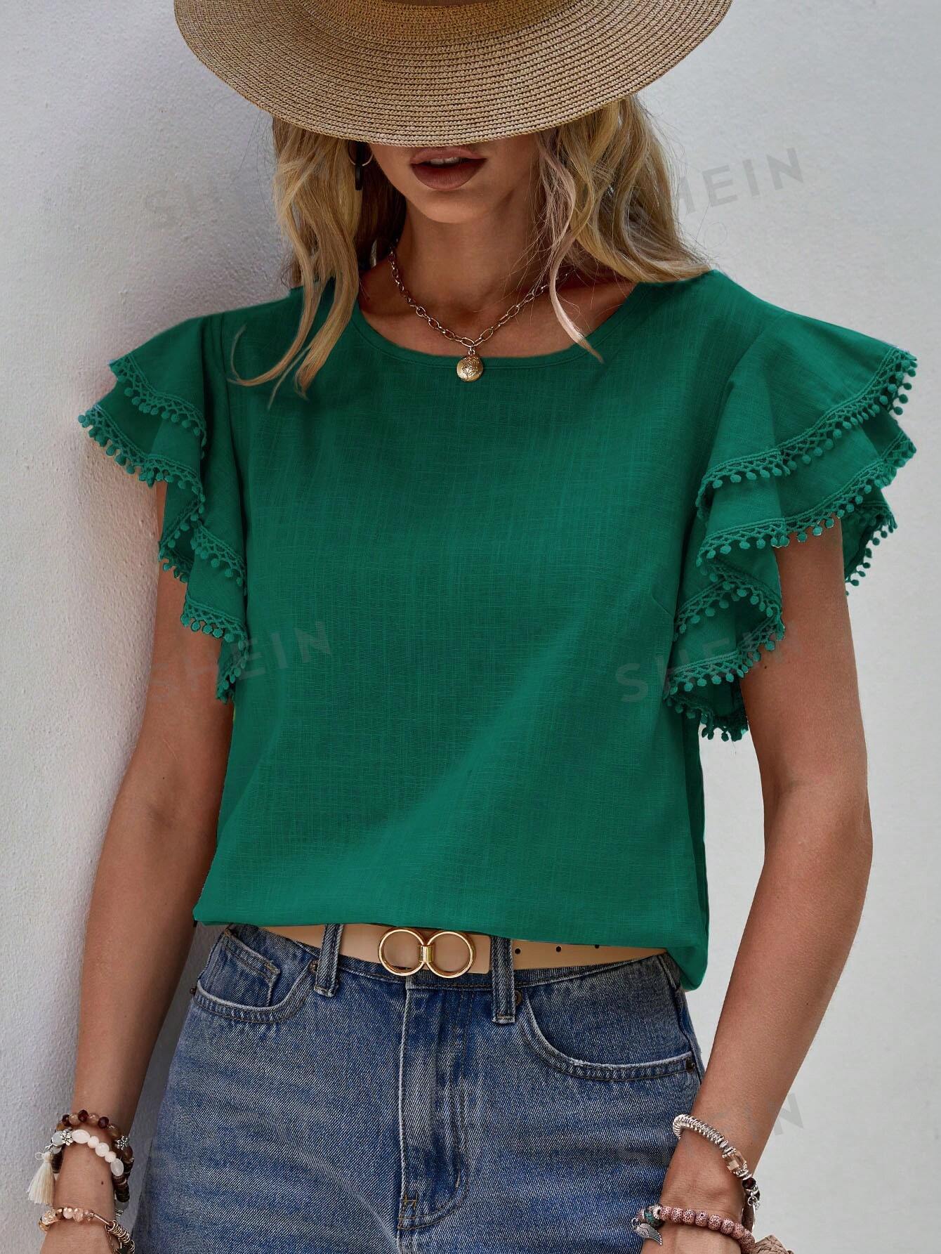 цена SHEIN LUNE Однотонная рубашка с короткими рукавами и круглым вырезом, темно-зеленый