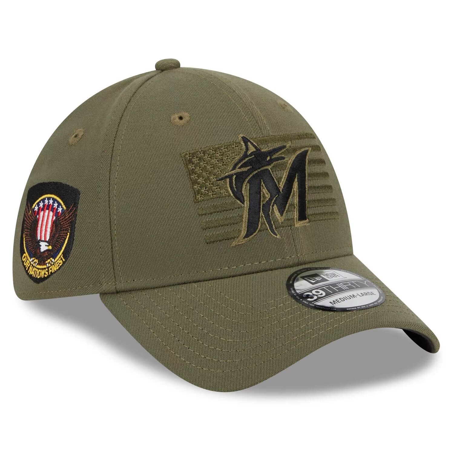 

Мужская зеленая мужская кепка New Era Miami Marlins ко Дню вооруженных сил 2023 39THIRTY Flex Hat