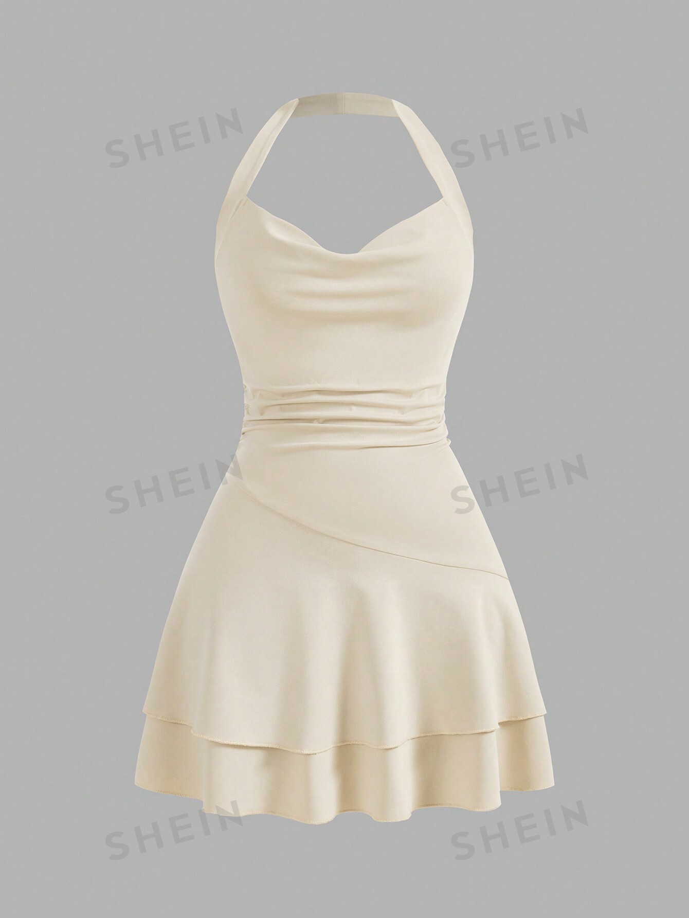 цена SHEIN MOD однотонное женское платье с бретелькой на шее и многослойным подолом, бежевый