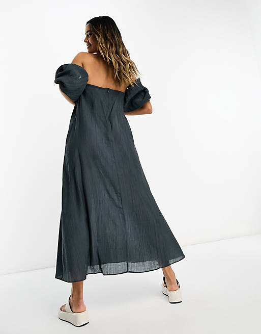 

Серое платье макси с жатой трапецией и рукавами ASOS DESIGN