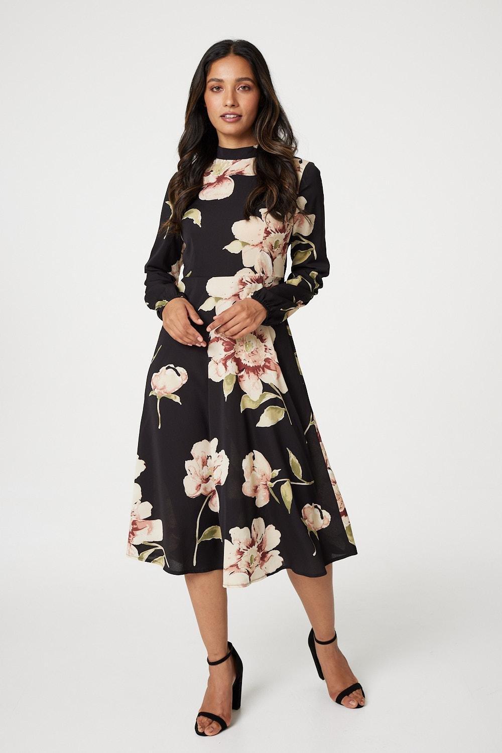 Чайное платье миди с длинными рукавами и цветочным принтом Izabel London, черный