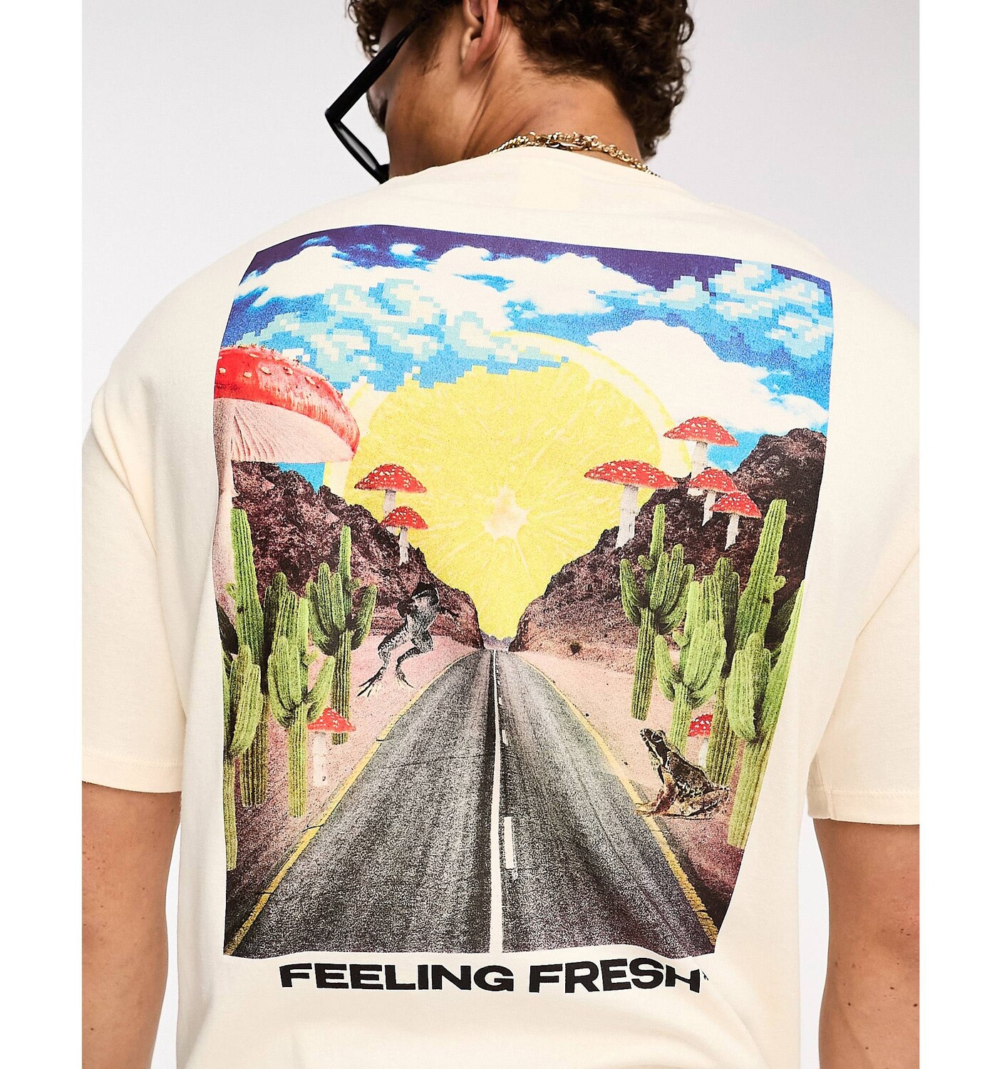 

Бежевая оверсайз-футболка Selected Homme с принтом Fresh Road Back