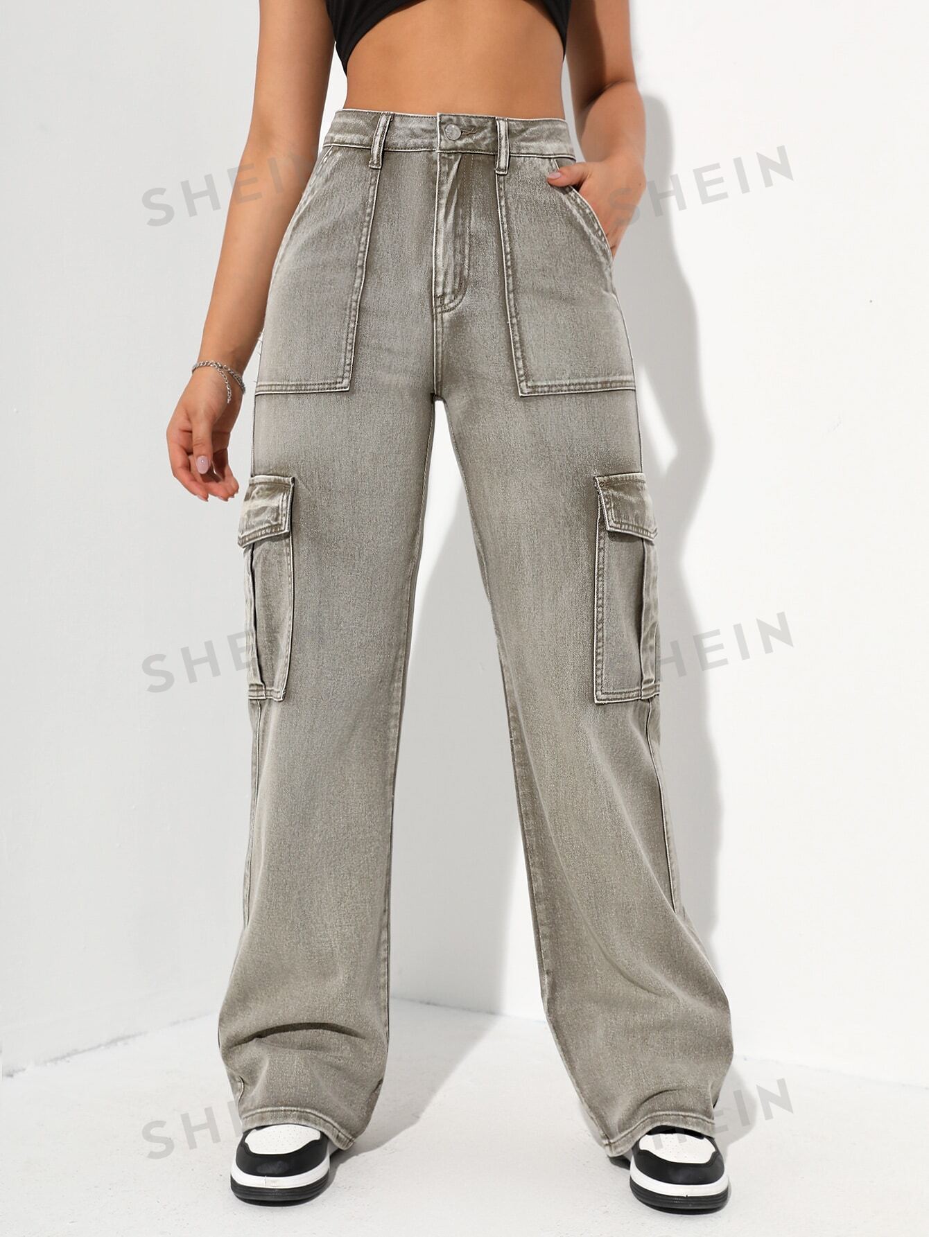 цена SHEIN Coolmax Джинсовые брюки с карманами и откидными карманами в стиле рабочей одежды, армейский зеленый