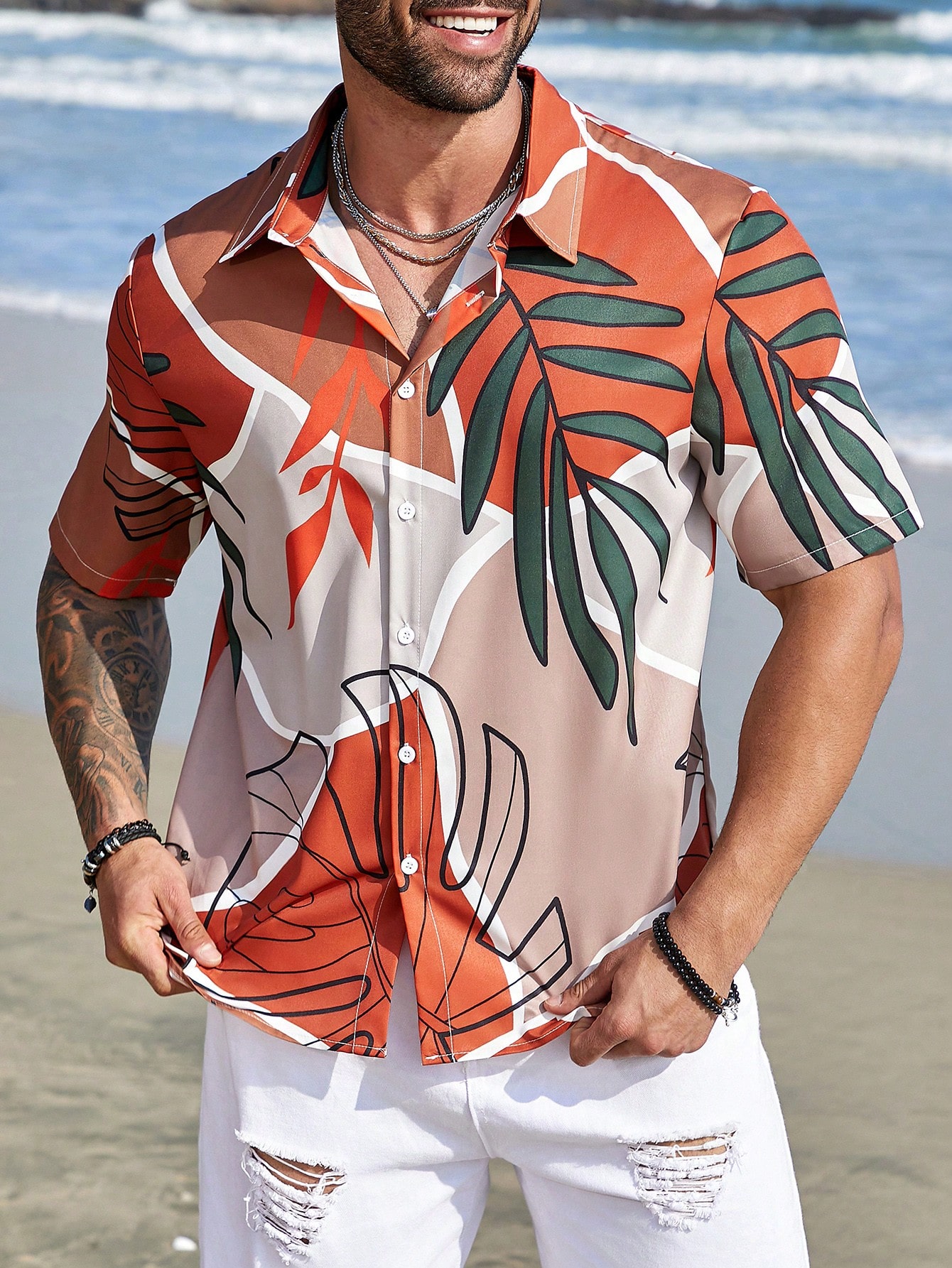 Мужская рубашка больших размеров с тропическим принтом Manfinity Homme с коротким рукавом, имбирь повседневная мужская пляжная гавайская рубашка с коротким рукавом летняя рубашка с тропическим принтом и пуговицами мужская азиатская мо