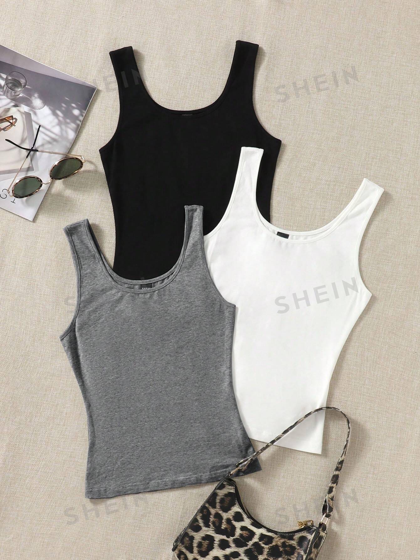 SHEIN EZwear Летняя одежда 3 шт. Однотонная майка, темно-серый цена и фото