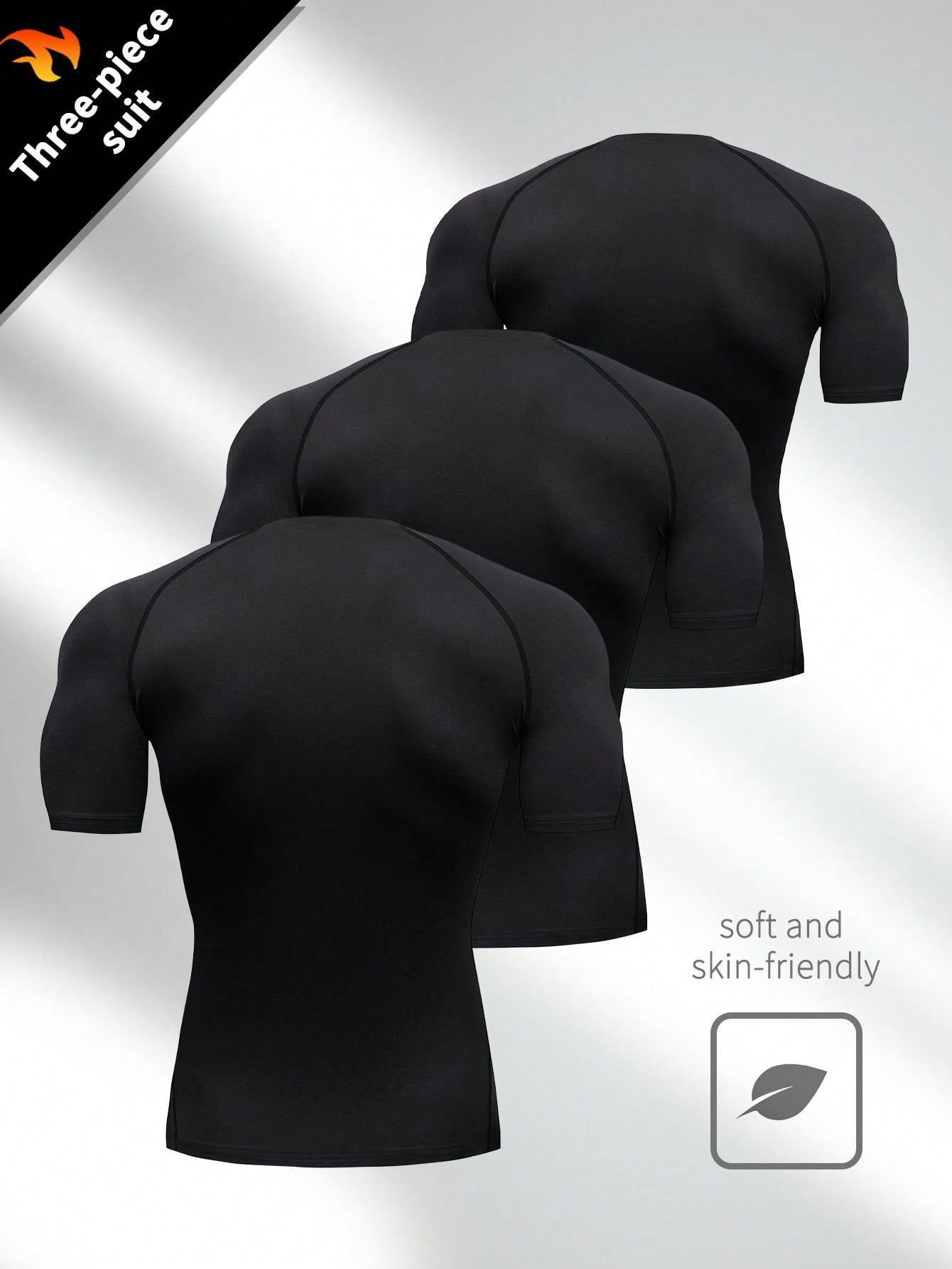 3 шт. Мужская компрессионная базовая футболка с короткими рукавами, черный