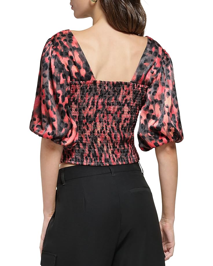 Блуза DKNY Short Sleeve Printed Satin Ruche Front V-Neck Crop Blouse, цвет Persimmon Multi