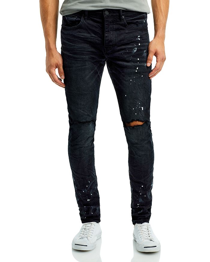 цена Черные джинсы скинни с рваными коленями и брызгами краски Purple Brand