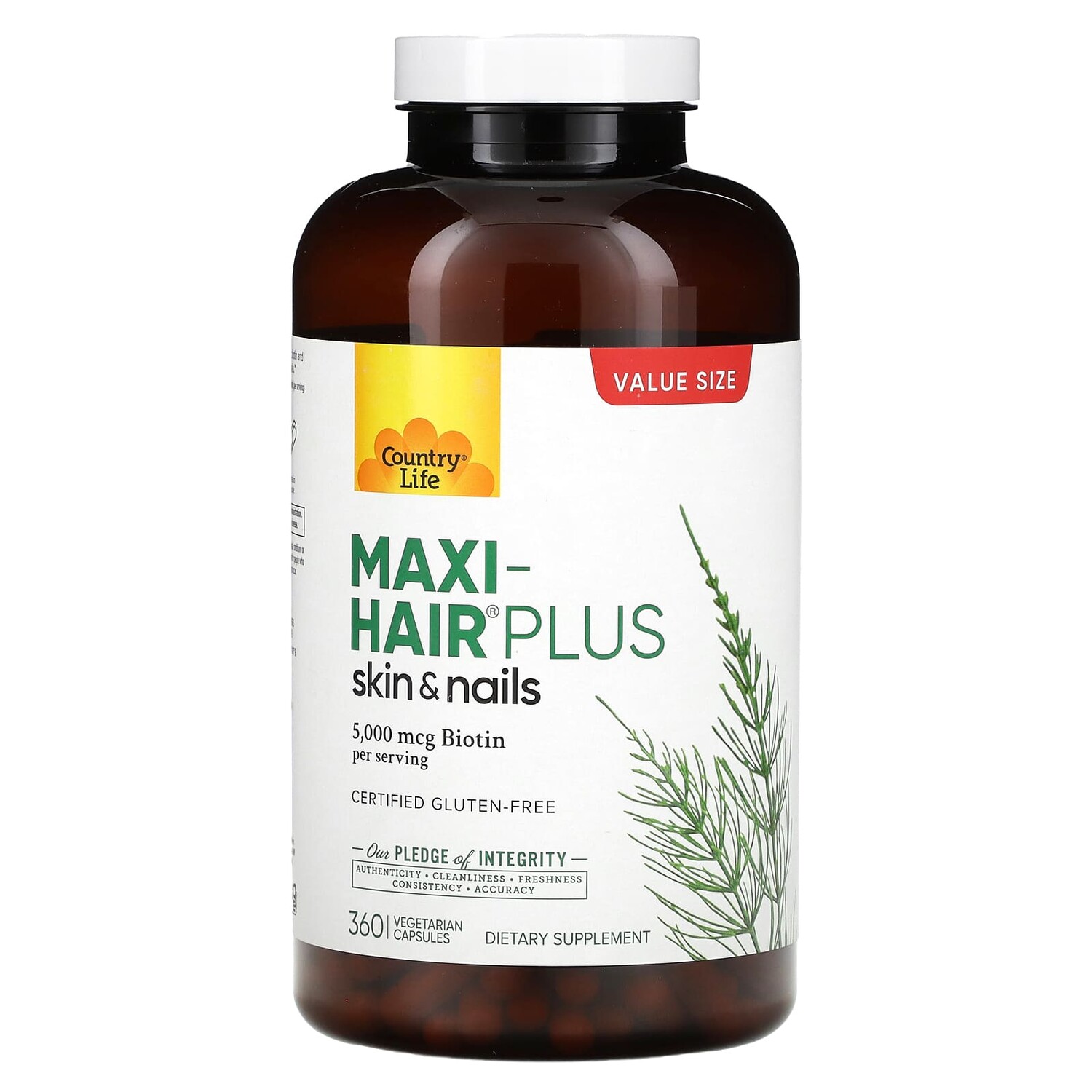 

Maxi-Hair Plus, 5000 мкг, 360 вегетарианских капсул, Country Life