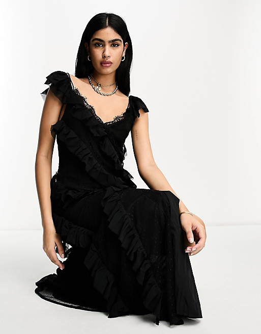 

Черное кружевное платье макси с рюшами ASOS DESIGN