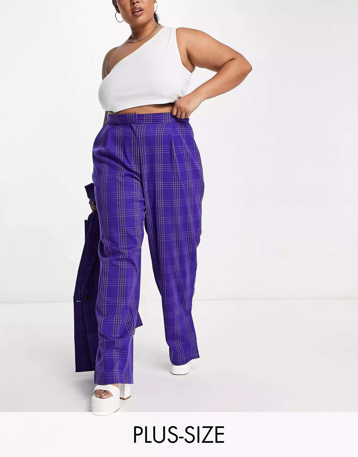 

Брюки строгого кроя Pieces Curve в фиолетовую клетку Pieces Plus, Фиолетовый