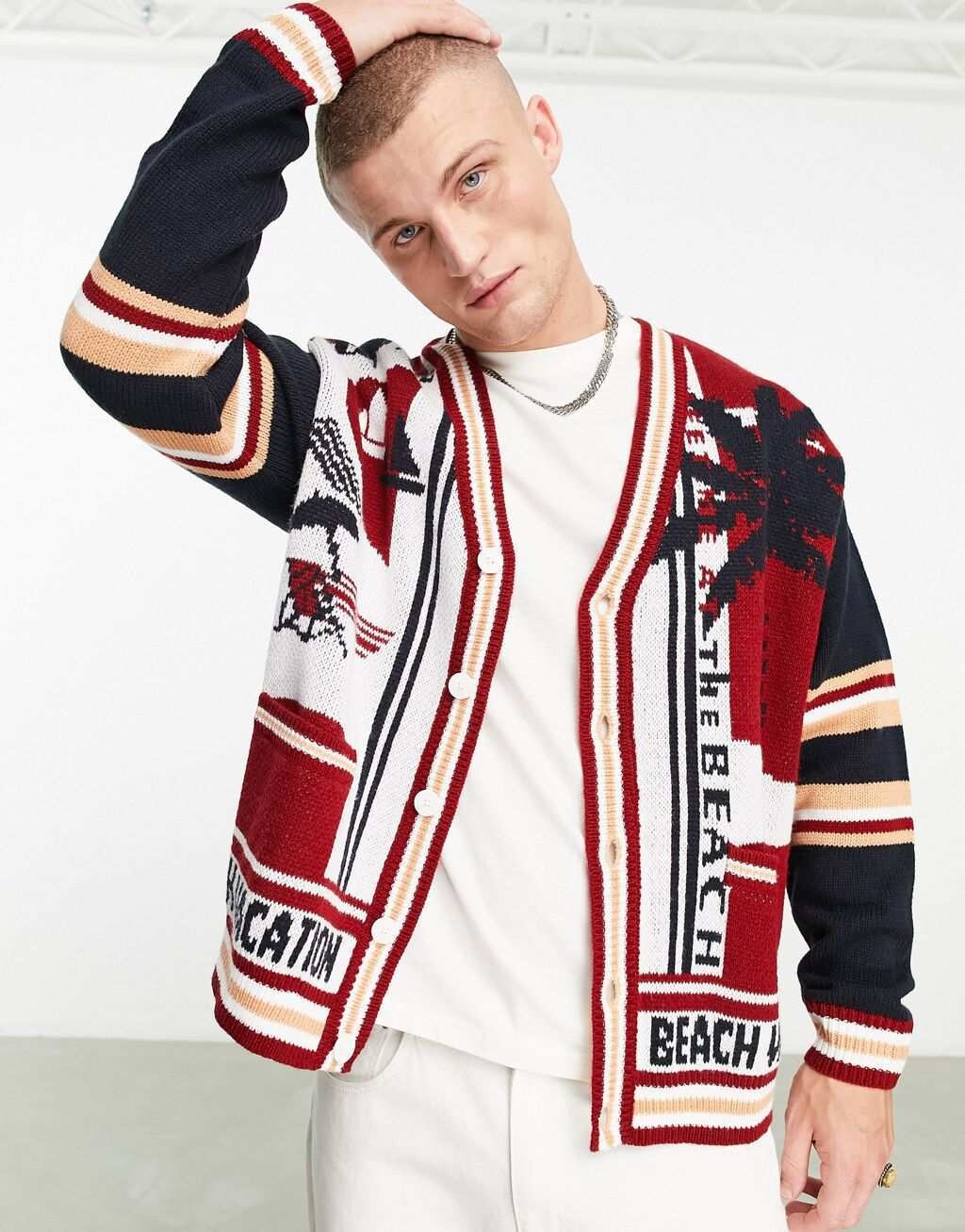 

Объемный вязаный кардиган с парусным принтом ASOS DESIGN