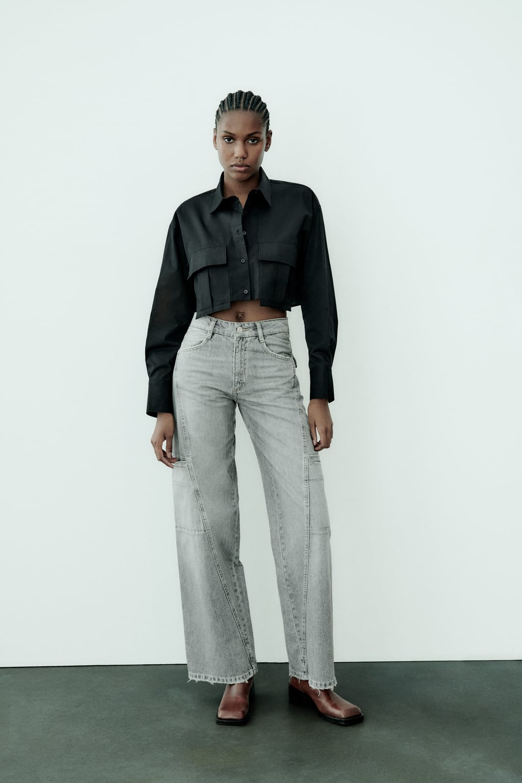 

Укороченная рубашка из габардиновой ткани ZARA, черный