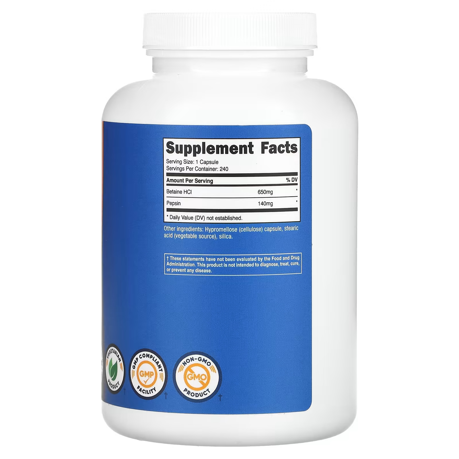 Пищевая добавка Nutricost Бетаин гидрохлорид + пепсин 790 мг, 240 капсул