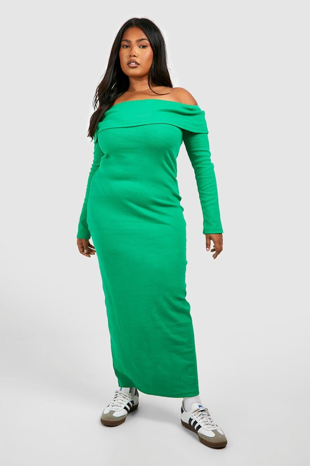 

Базовое платье макси с бардо plus rib Boohoo, зеленый