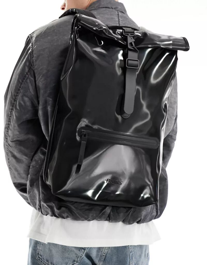 Черный блестящий водонепроницаемый рюкзак унисекс Rains Rolltop
