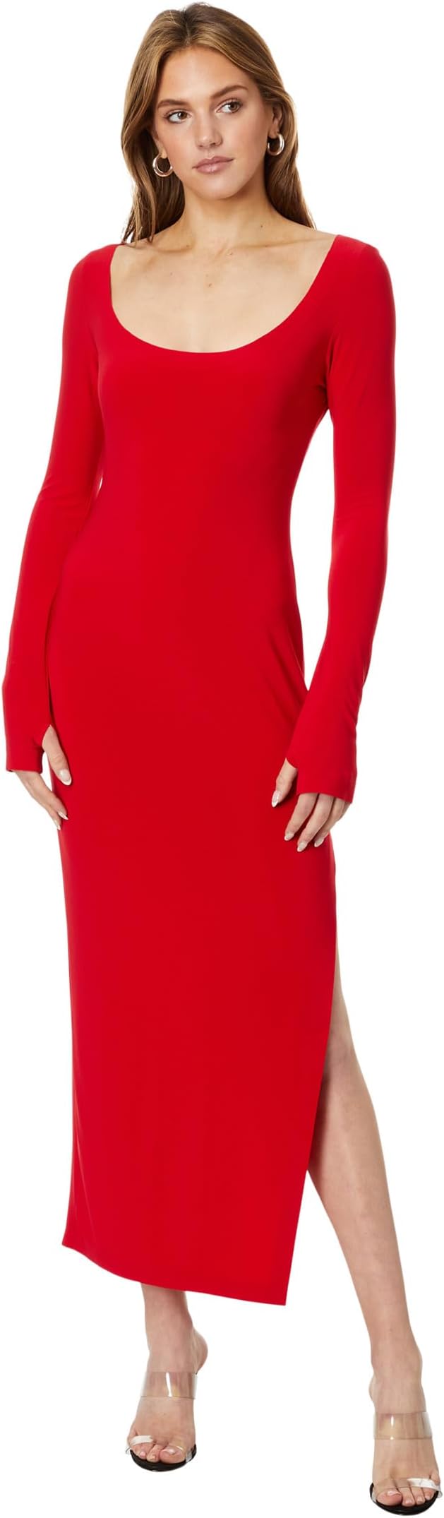 Платье с длинными рукавами и глубоким овальным вырезом и боковым разрезом Norma Kamali, цвет Tiger Red