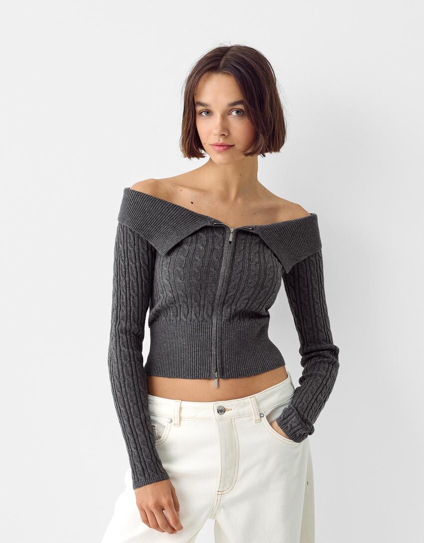 

Кардиган bardot с косой вязкой и молнией Bershka, серый