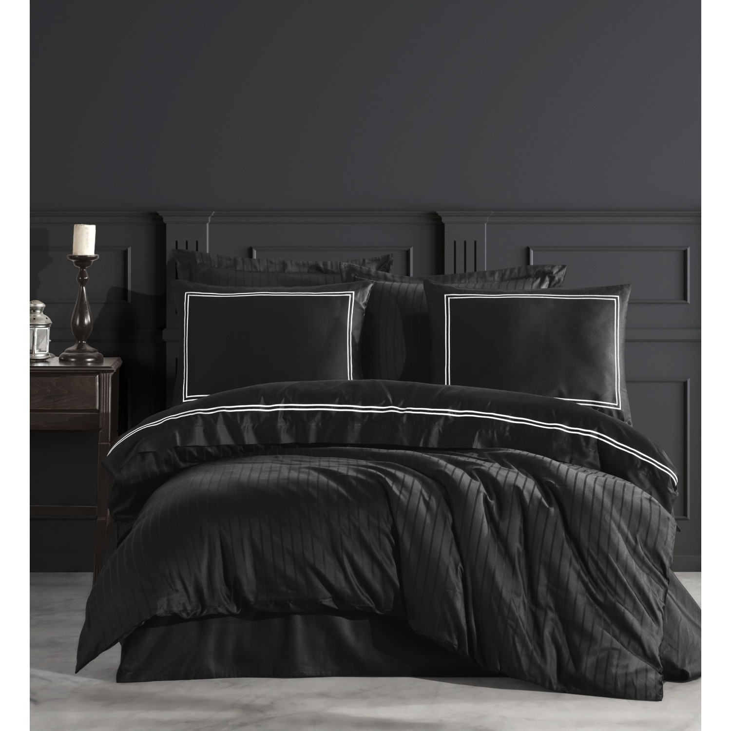 Комплект постельного белья из кружевного хлопкового атласа с вышивкой - Изображение asper siyah süet desenli topuklu terlik