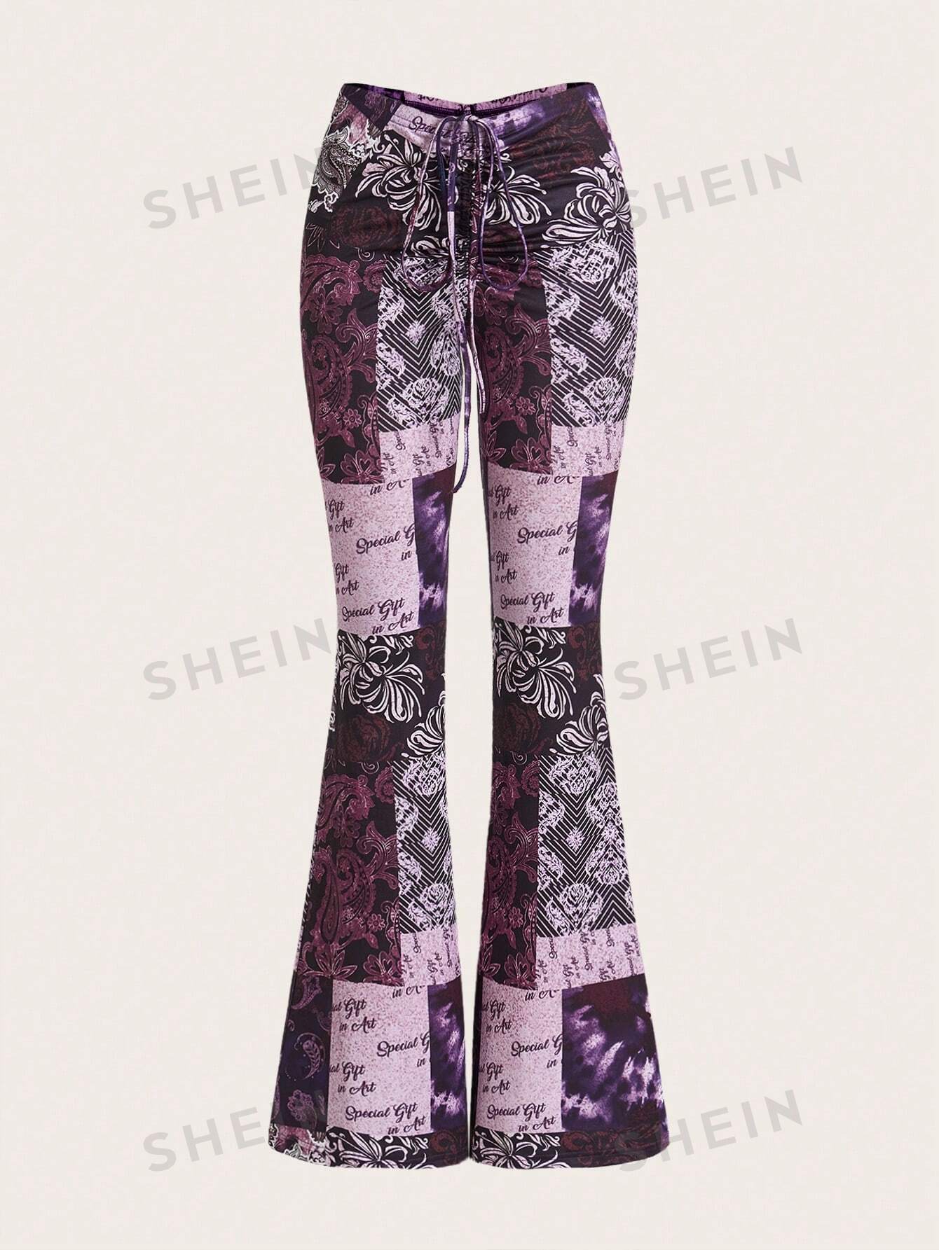 цена SHEIN ICON Расклешенные брюки с низкой посадкой и принтом в стиле пэчворк, фиолетовый