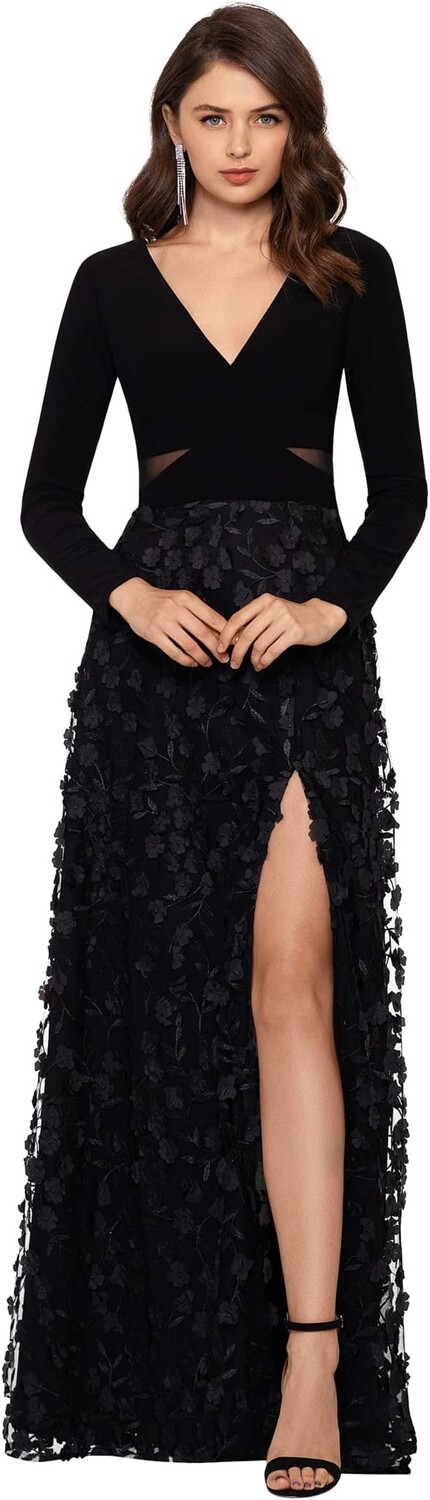 

Платье XSCAPE Long Sleeve Ity Top with Raised Flower Skirt, цвет Black/Black