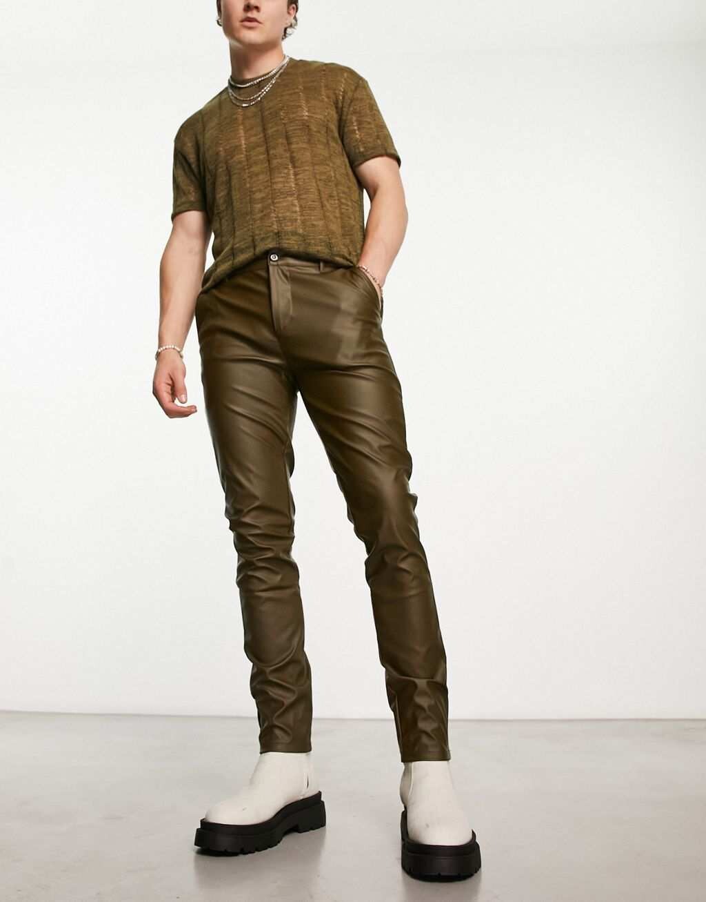 

Кожаные брюки скинни цвета хаки ASOS DESIGN