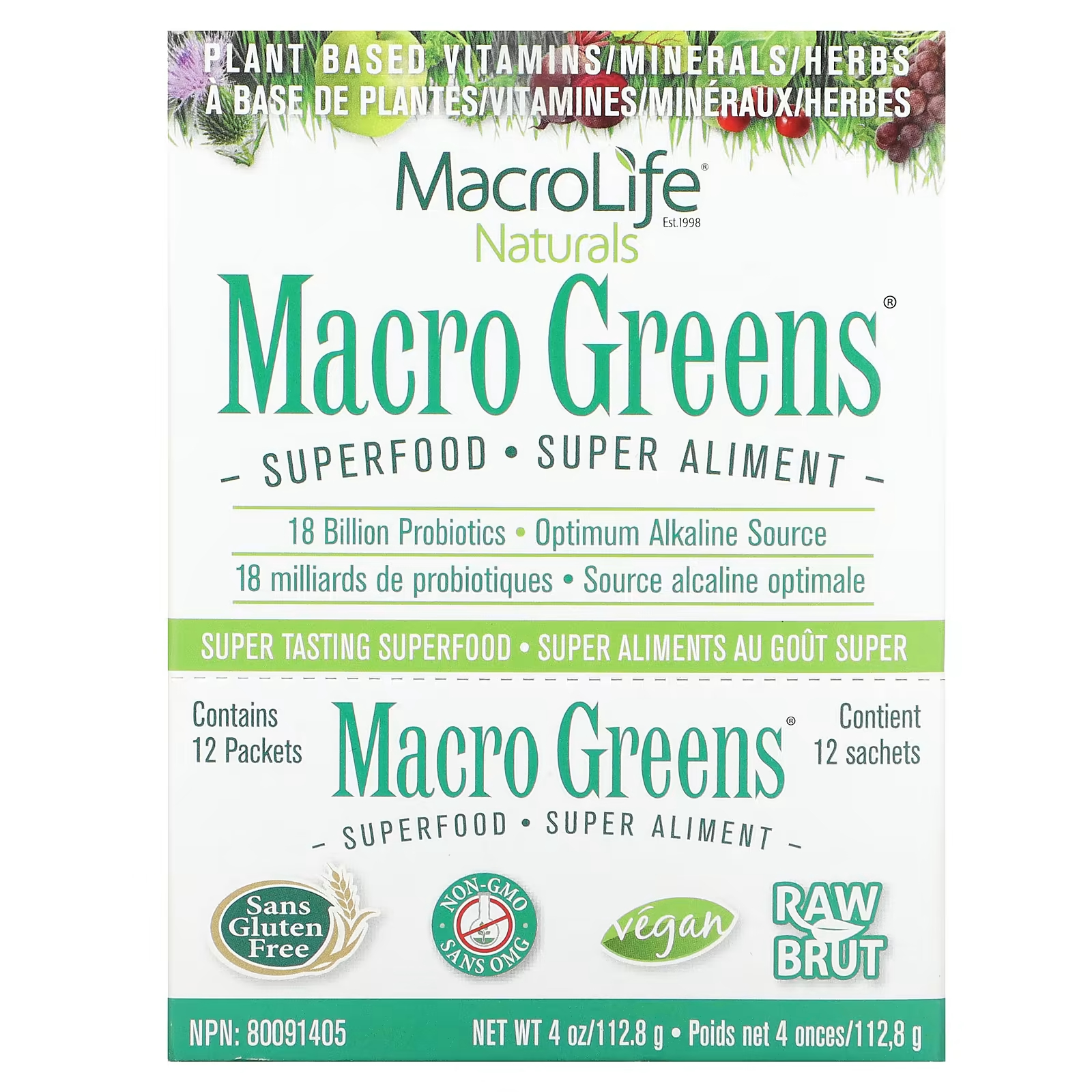 Пищевая добавка Macrolife Naturals Macro Greens Superfood, 12 пакетиков по 9,4 г суперпродукт macrolife naturals macro greens 850 г