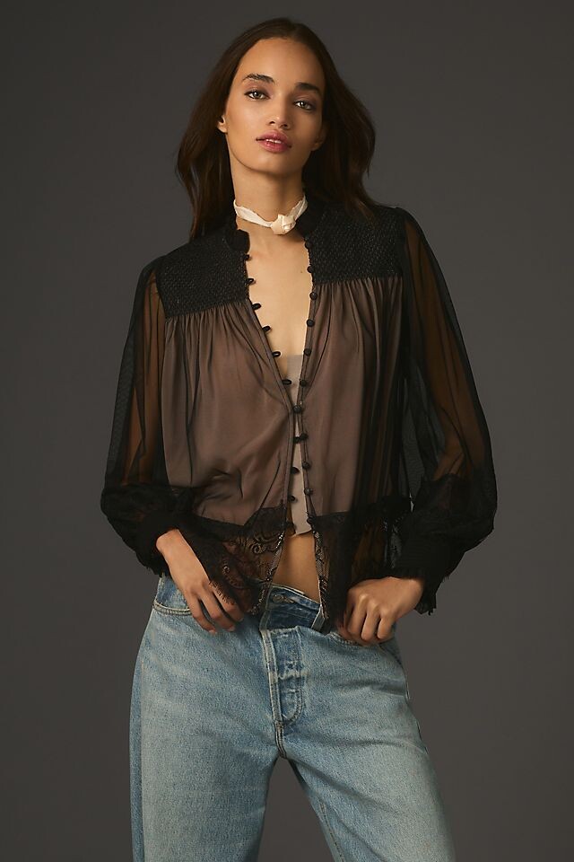 

Блузка Anthropologie многослойная кружевная с пышными рукавами, черный