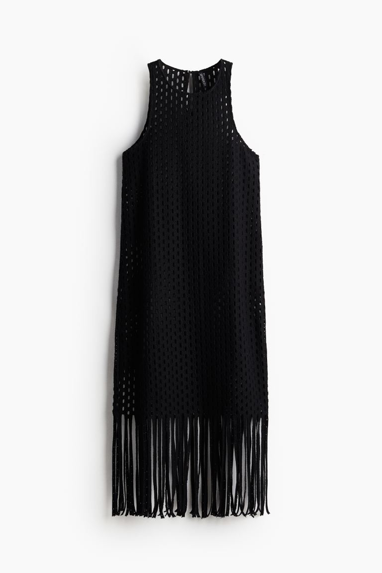 Вязаное платье крючком с отделкой бахромой H&M, черный