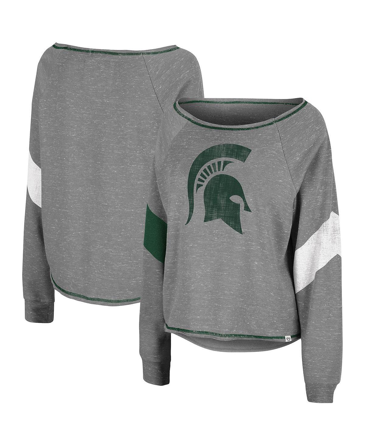 

Женский серый пуловер с вырезом «лодочка» в полоску реглан Michigan State Spartans Amped Chevron Stripe Colosseum