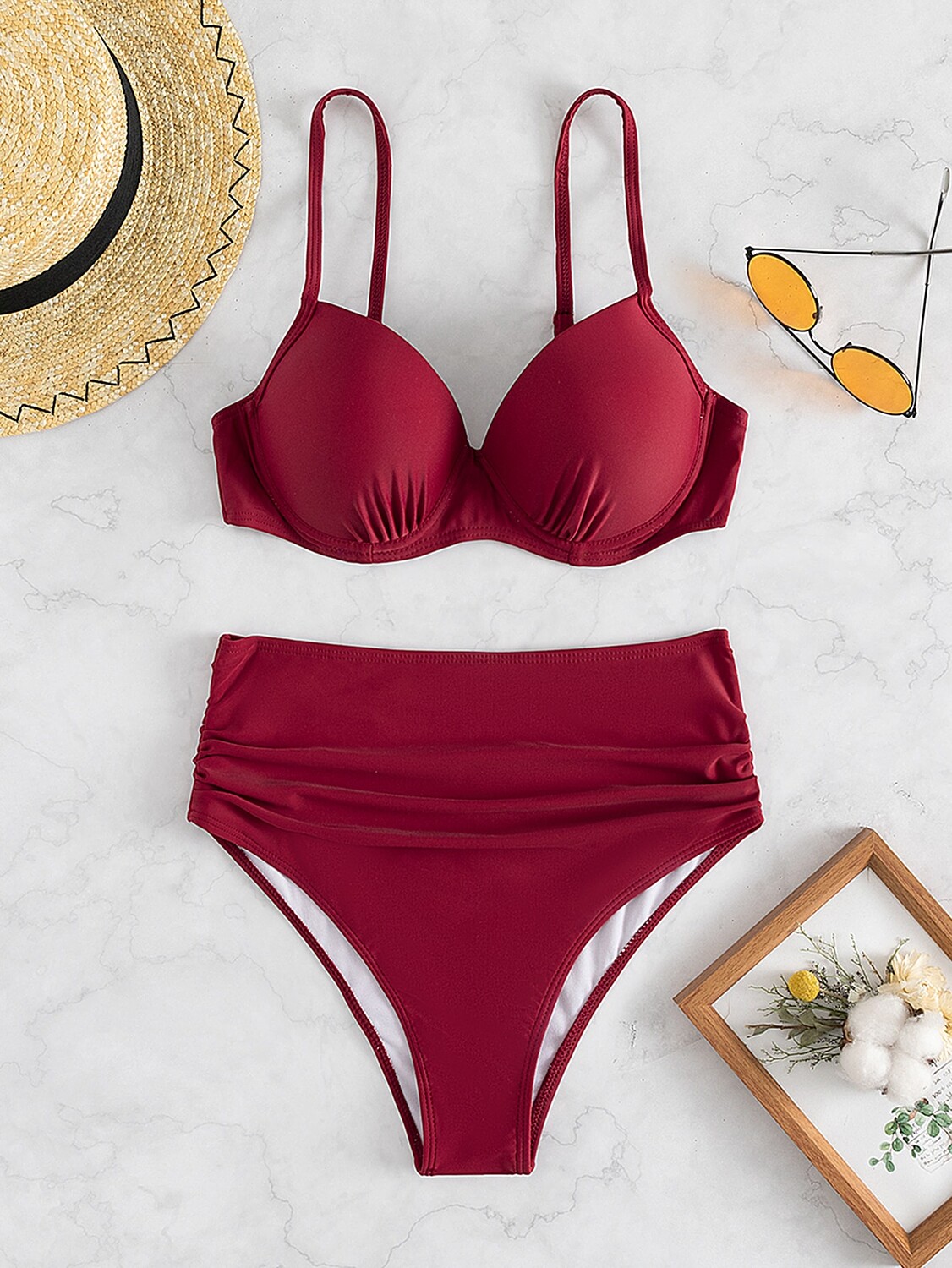 

Swim Состоящее из двух частей монобикини с завышенной талией, подчеркивающее грудь и живот, для летнего пляжа Shein, белый/бордовый