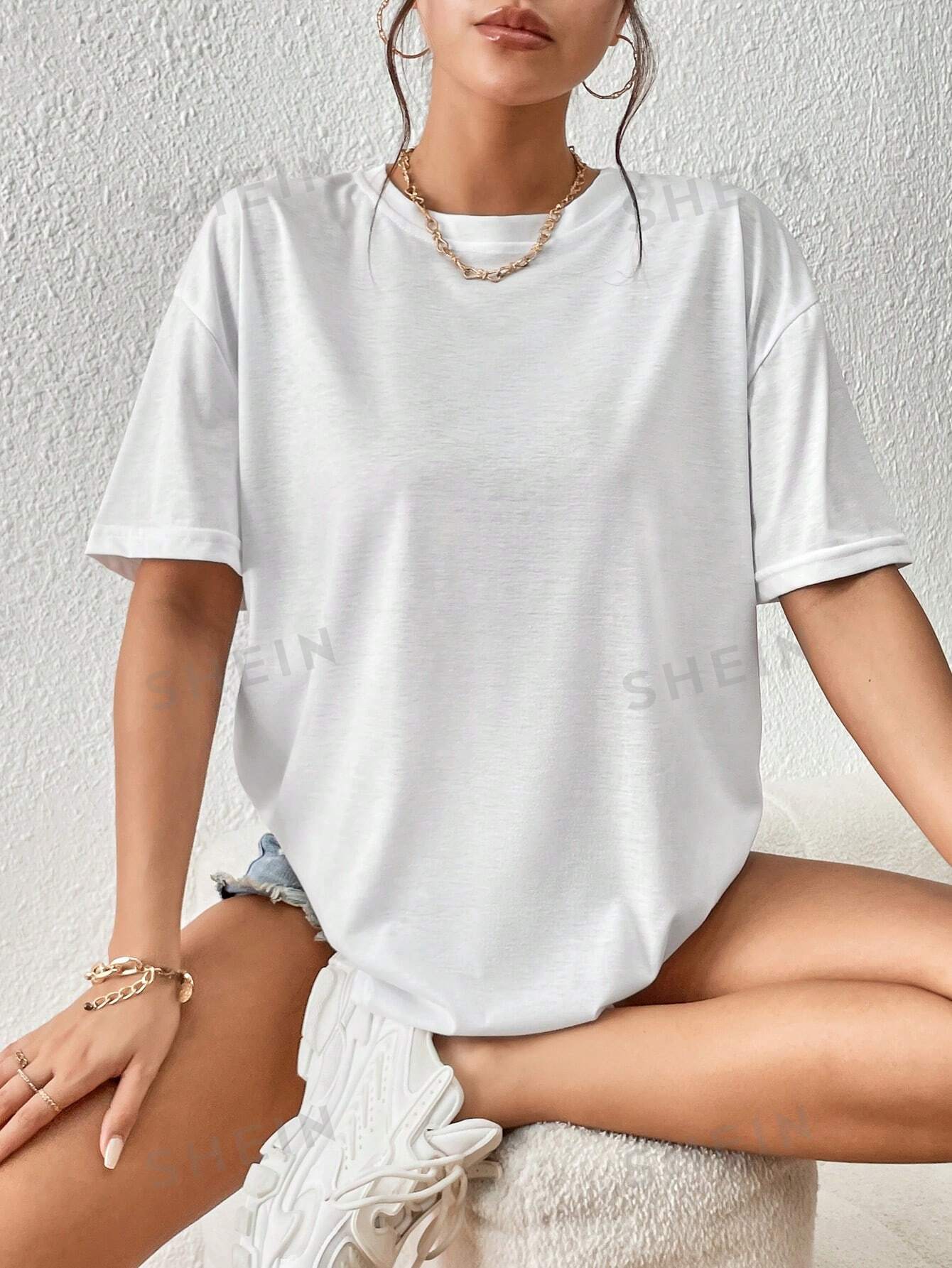 SHEIN Однотонная футболка с короткими рукавами и заниженными плечами, белый