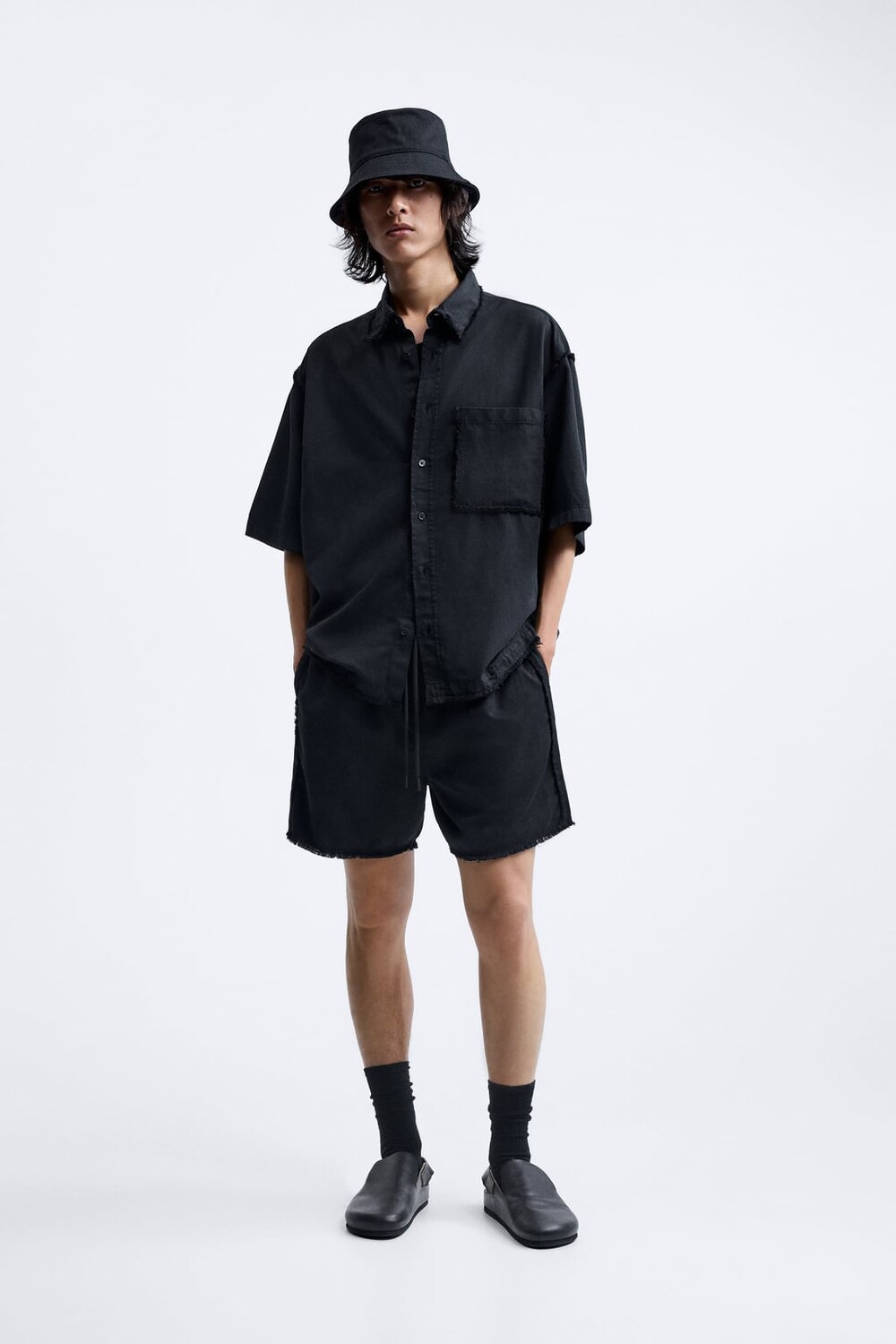 

Шорты из хлопка и льна ZARA, черный