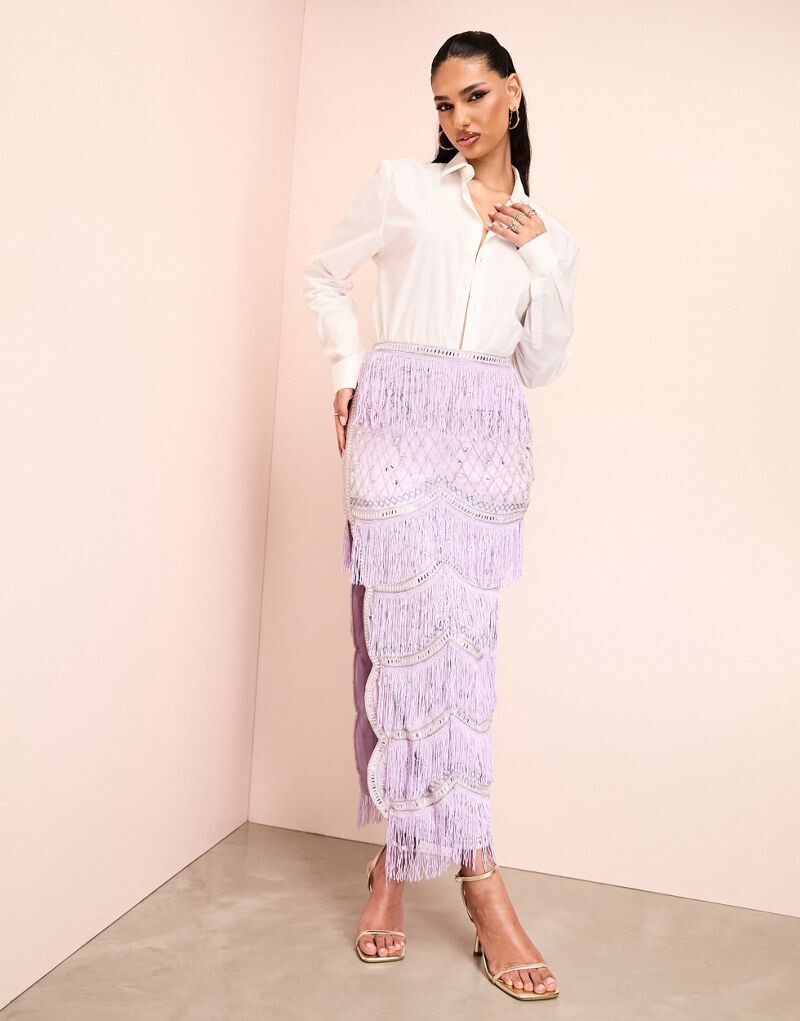 

ASOS LUXE Юбка миди фиолетового цвета, украшенная бахромой