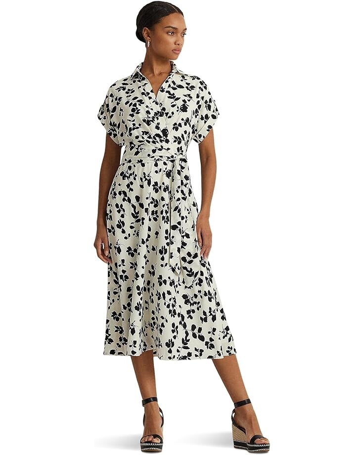 

Платье LAUREN Ralph Lauren Leaf-Print Belted Crepe, цвет Cream/Black
