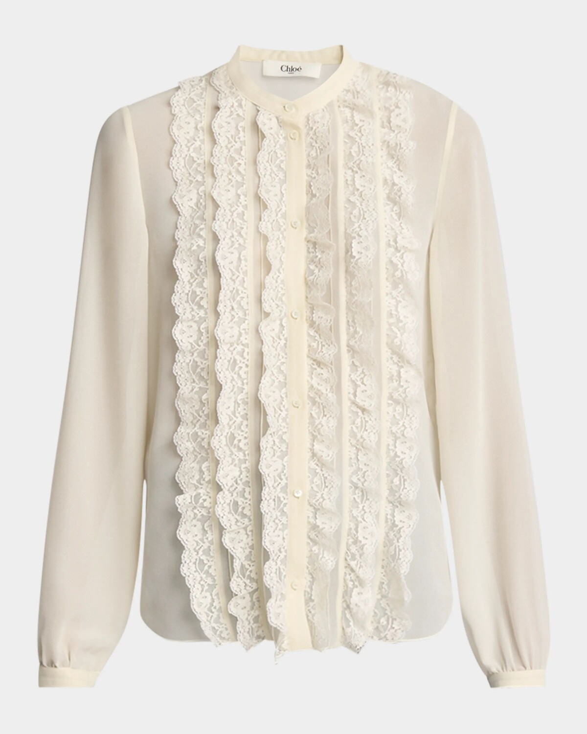 

Шелковый топ на пуговицах с кружевом и оборками Chloe, цвет Pristine White