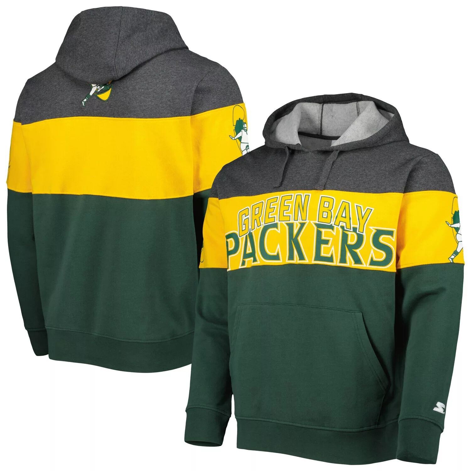 

Мужской стартовый зеленый/вересковый темно-серый пуловер с капюшоном Green Bay Packers Extreme Vintage Logos Starter