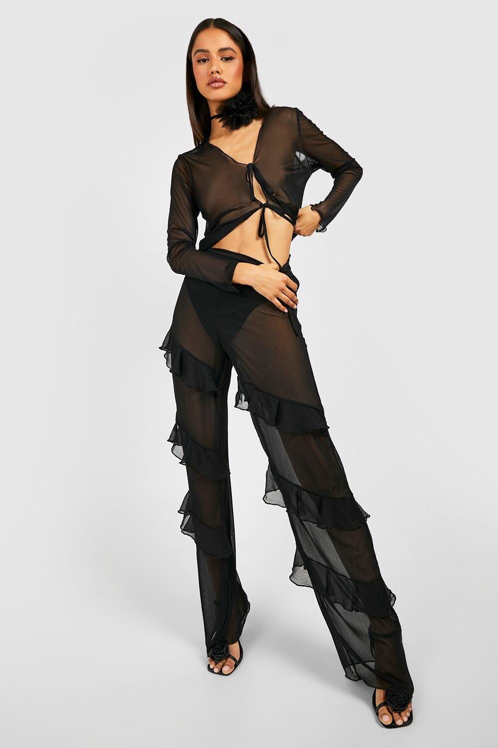 

Прозрачные брюки с высокой посадкой и обрюками Boohoo, черный