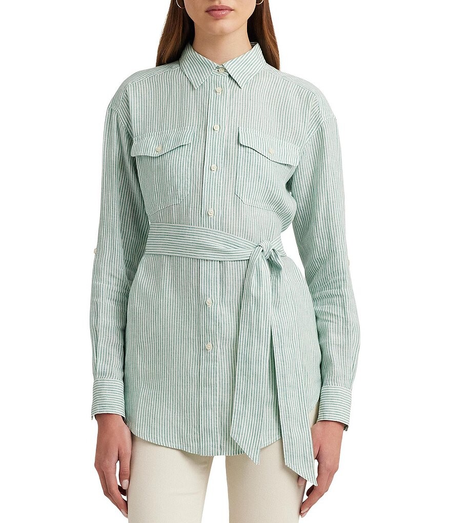 

Lauren Ralph Lauren Petite Size Полосатая рубашка на пуговицах с поясом и острым воротником с длинными рукавами, зеленый