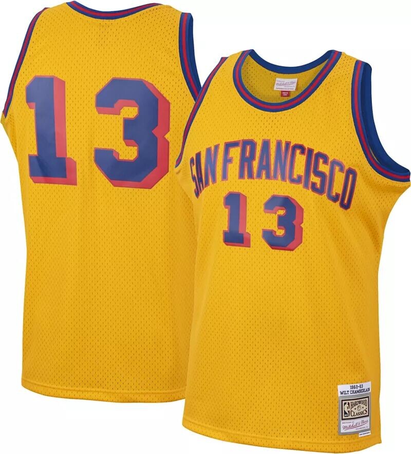 

Мужская футболка Mitchell & Ness 1963 года с изображением Голден Стэйт Уорриорз Уилт Чемберлен № 13, золотая лиственная классика Swingman