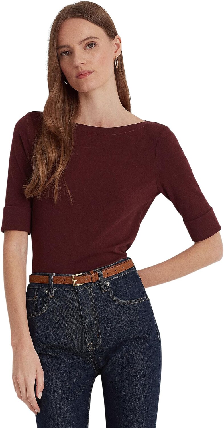 

Топ из эластичного хлопка Petite с вырезом лодочкой LAUREN Ralph Lauren, цвет Vintage Burgundy