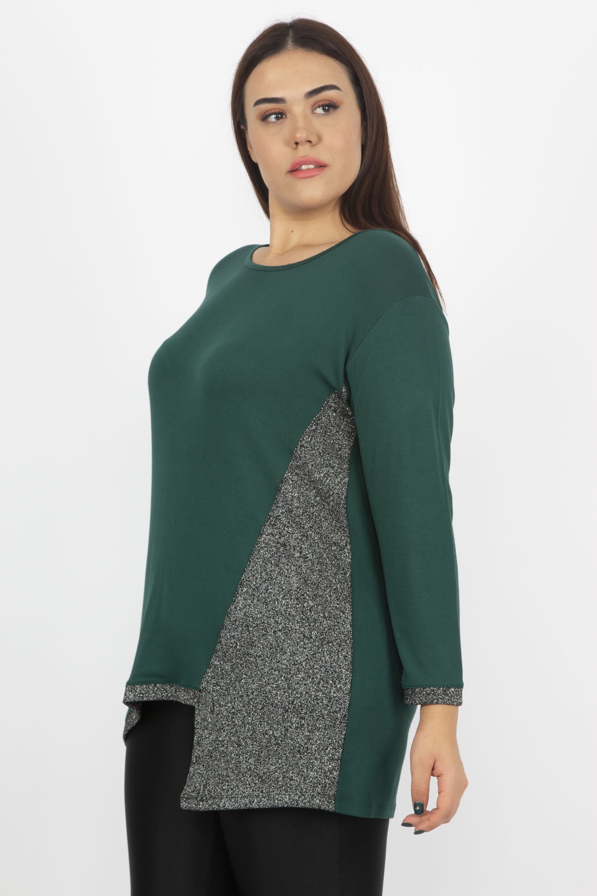 Женская блузка большого размера с зеленой блестящей отделкой 65n18967 Şans, зеленый женская желтая блузка большого размера с боковым разрезом спереди şans желтый