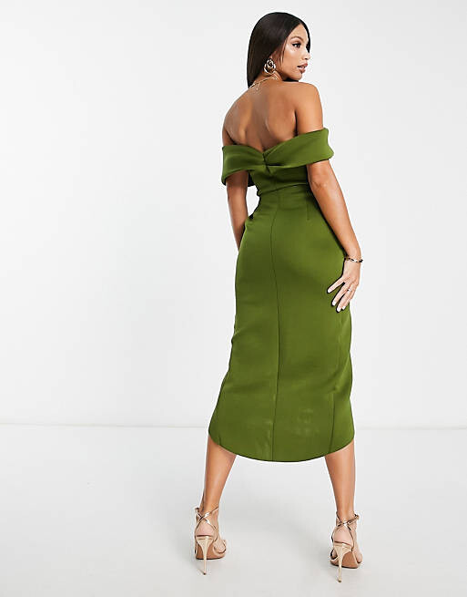 

Оливковое платье миди с открытыми плечами и закрученным передом ASOS DESIGN Tall, Зеленый
