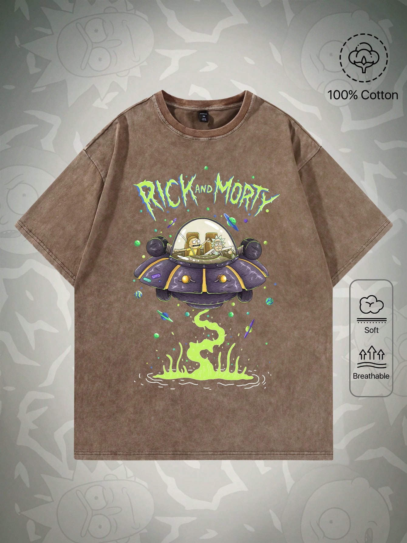 Рик и Морти | ROMWE Мужская футболка с круглым вырезом и принтом букв и мультфильмов, кофейный коричневый