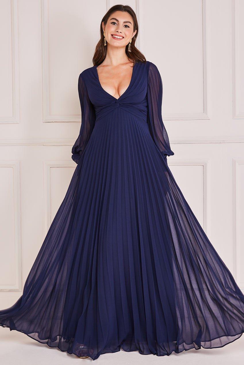 Плиссированное шифоновое платье макси Goddiva, темно-синий элегантные короткие платья цвета шампанского для подружки невесты с рукавами 2018 трапециевидного силуэта платья для выпускного вечера для