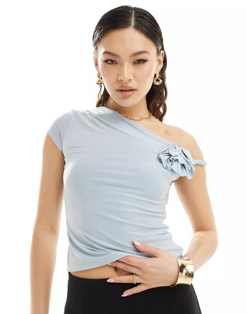 

Синий топ с закрученными рукавами и корсажем ASOS
