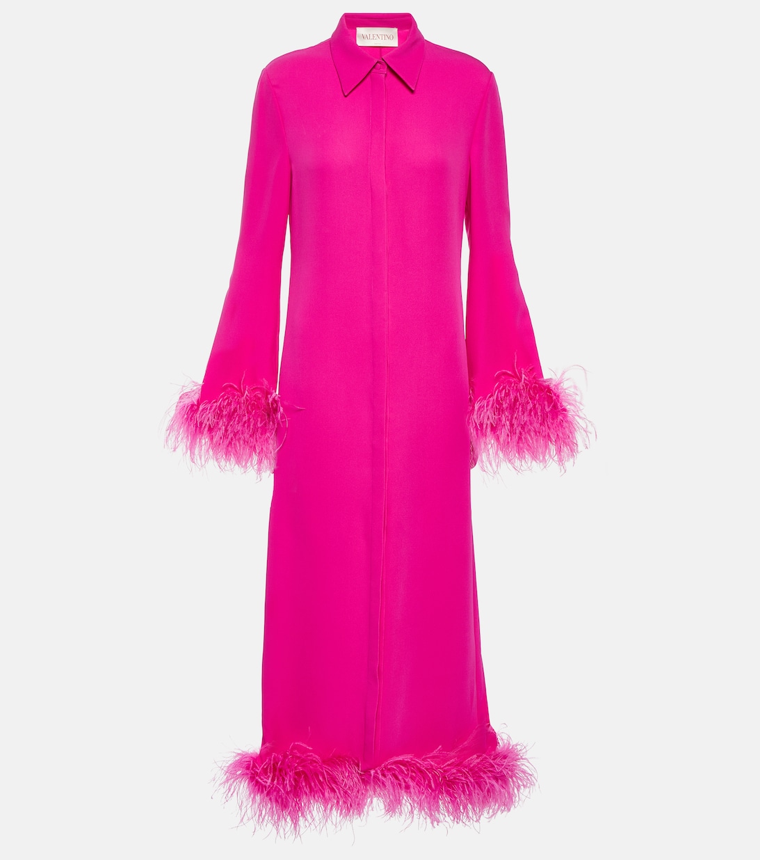 Платье-рубашка из шелкового кади с отделкой перьями VALENTINO, розовый